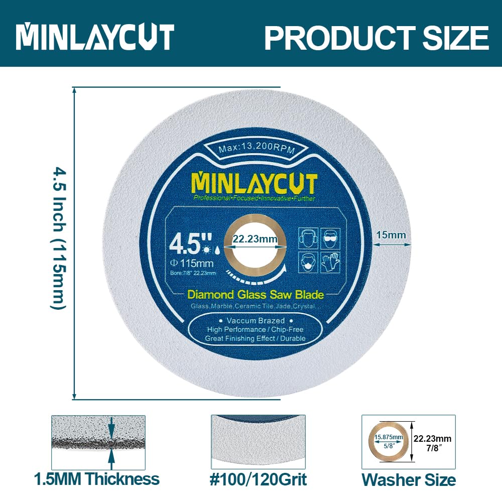 MINLAYCUT Diamond Glass Cutting Disc - 3pcs 4.5 inch/115mm Saw Blades for Cutting Glass Jade Crystal Wine Bottle for Angle Grinder Arbor 7/8'' x 5/8''