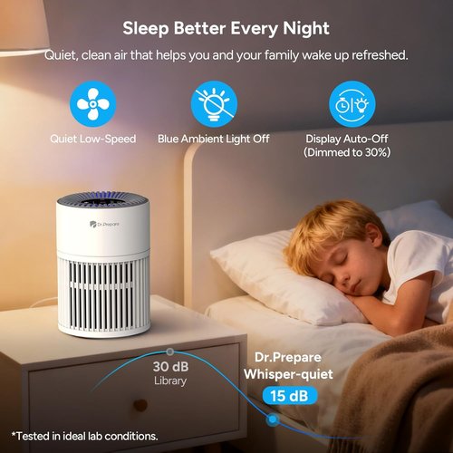 Dr.Prepare Air Purifier - H13 HEPA Filter, 15 dB Sleep Mode, 360° Air Inlet | Covers Up to 1075 ft²