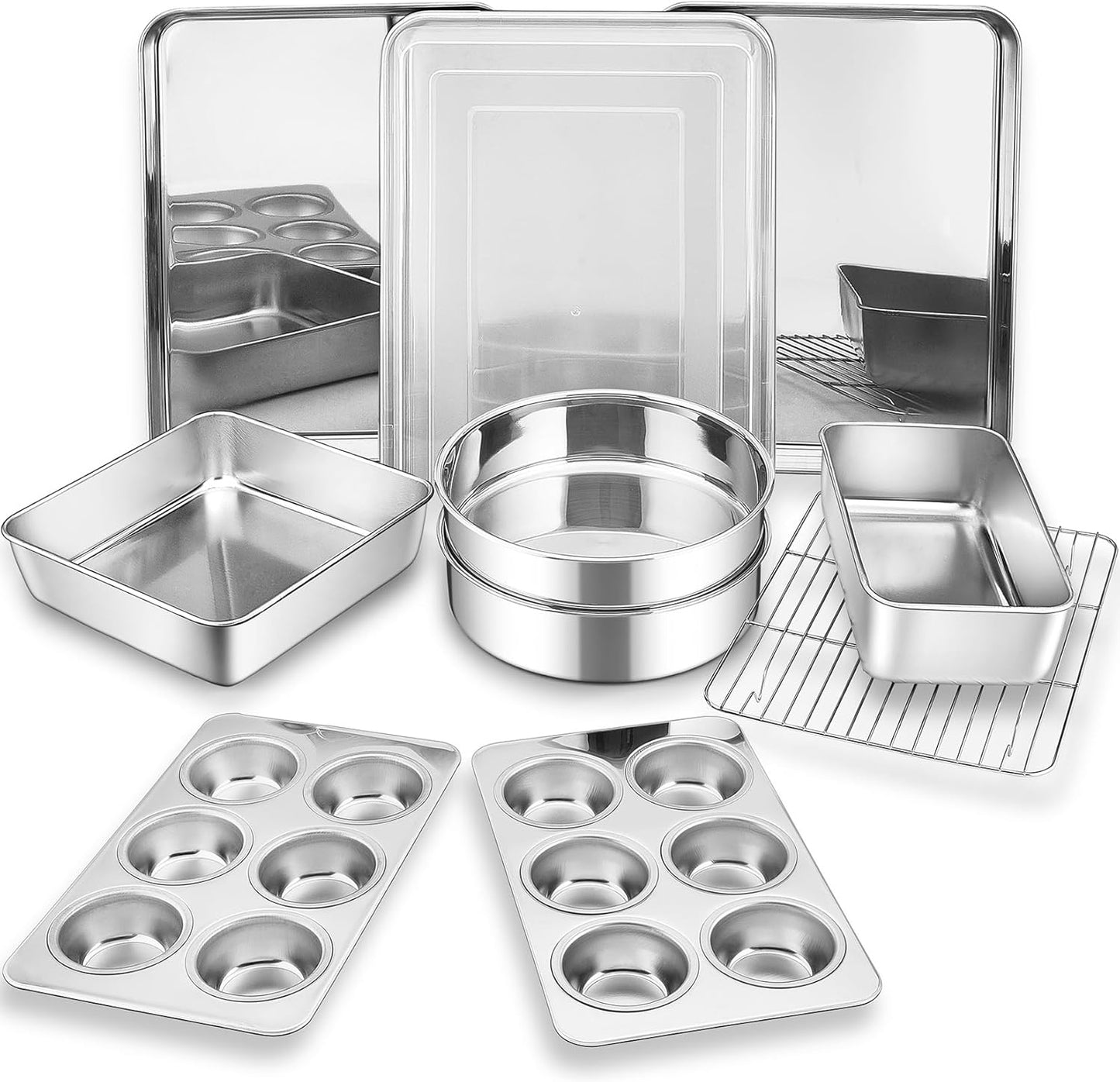 P&P CHEF Stainless Steel Bakeware Set - 11-Piece Baking Pans with Rack, Lasagna Pan, Cake Pans & More