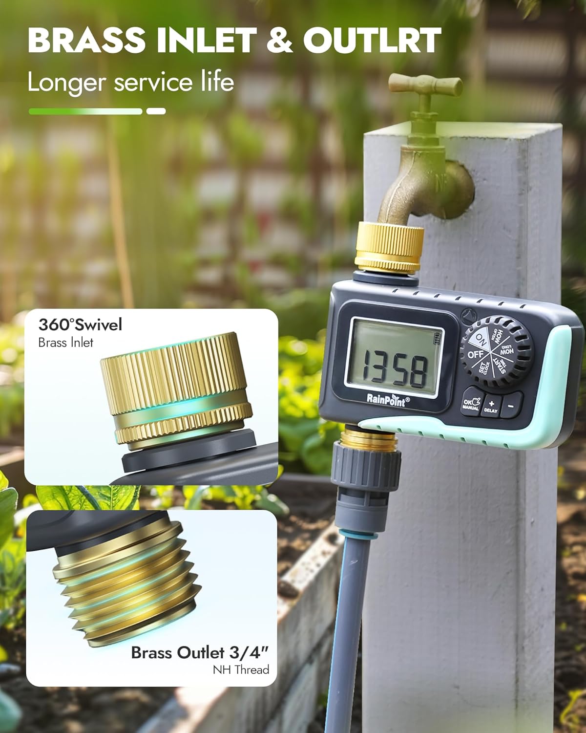 RAINPOINT Programmable Sprinkler Timer - Digital Hose Timer with Brass Inlet & Outlet for Efficient Watering