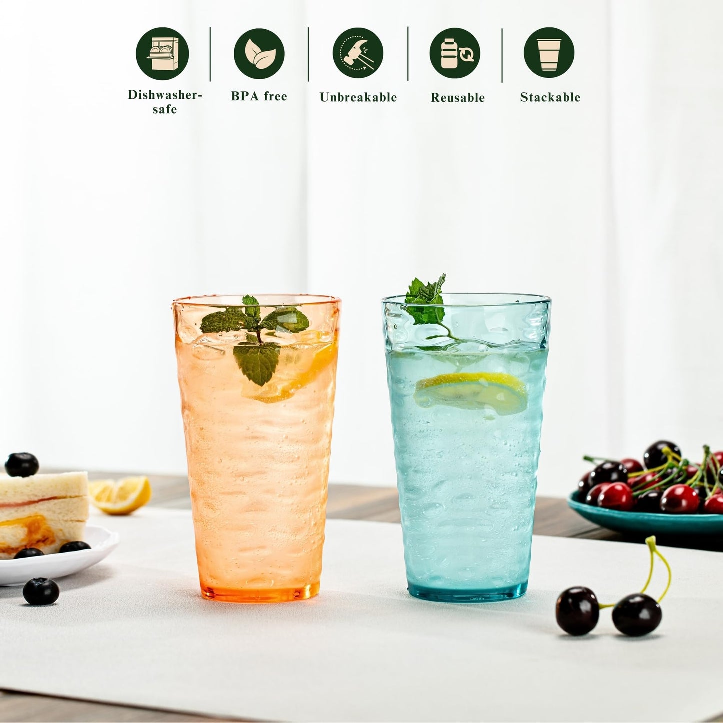 MIYOPESI 20oz Acrylic Glasses (Set of 6), Water-Ripple Design Shatter-Proof Plastic Cups, Reusable Plastic Tumblers, Stackable, BPA-Free, Dishwasher-Safe (Colorful)