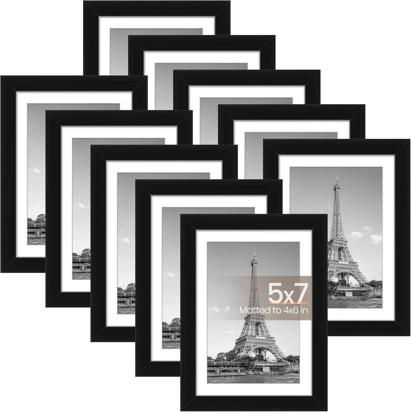 Upsimples 5x7 Picture Frame Set of 10 - Multi-Photo Collage Frames for Wall/Tabletop Display - Black