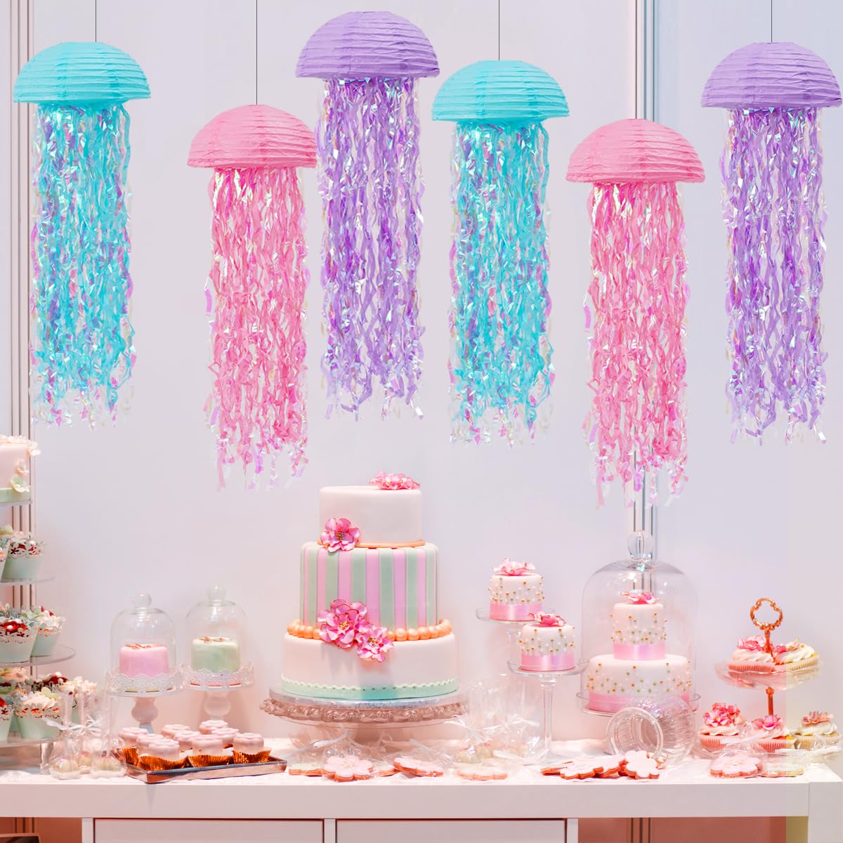 Mermaid Birthday Decorations, Jellyfish Paper Lanterns Pink Lavender Blue Hanging Lantern for Mermaid Baby Shower Theme Under The Sea Ocean Birthday Party Decorations Pack of 6
