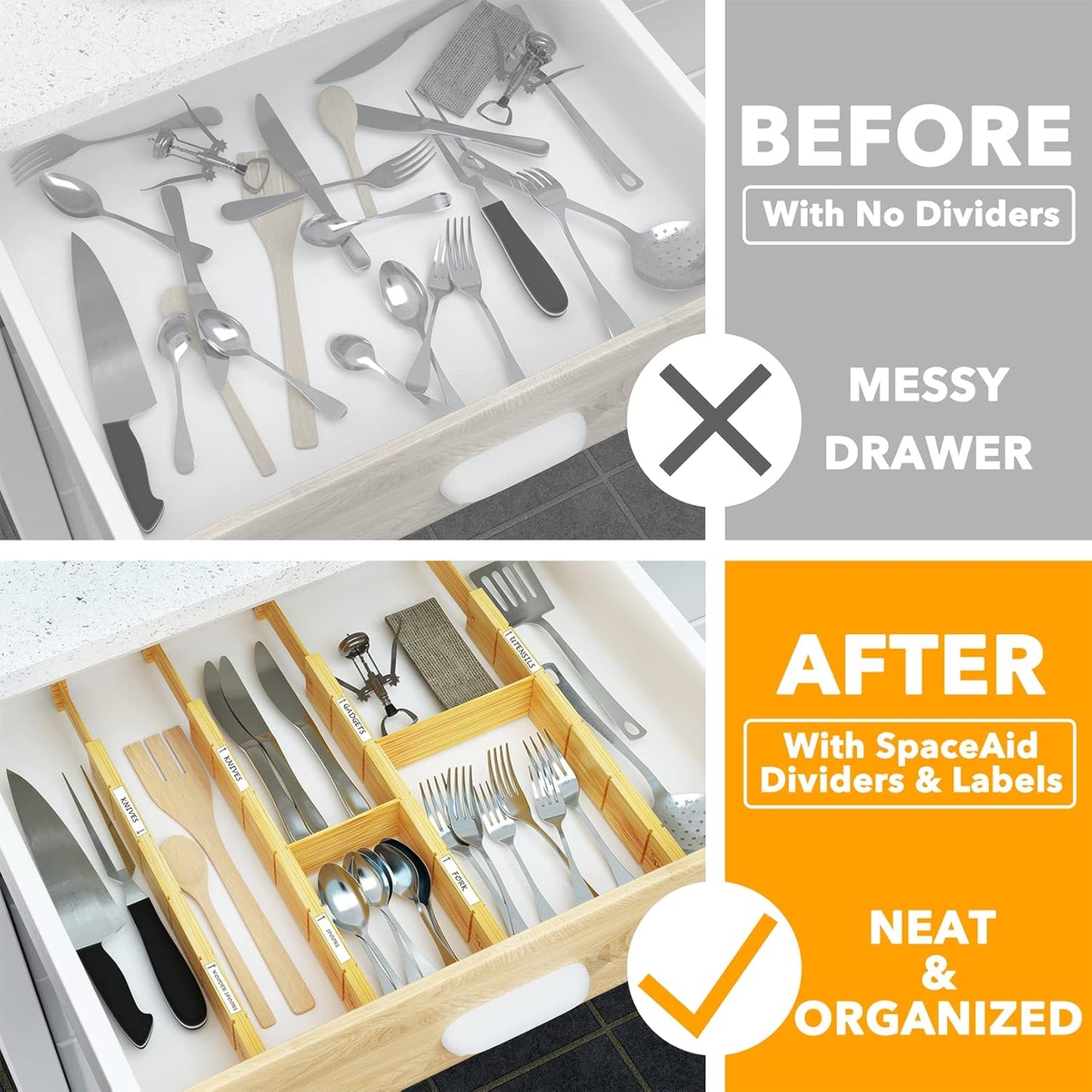 SpaceAid Bamboo Drawer Dividers - Adjustable Kitchen Organizers with Inserts & Labels | 4 Dividers (17"-22") Natural