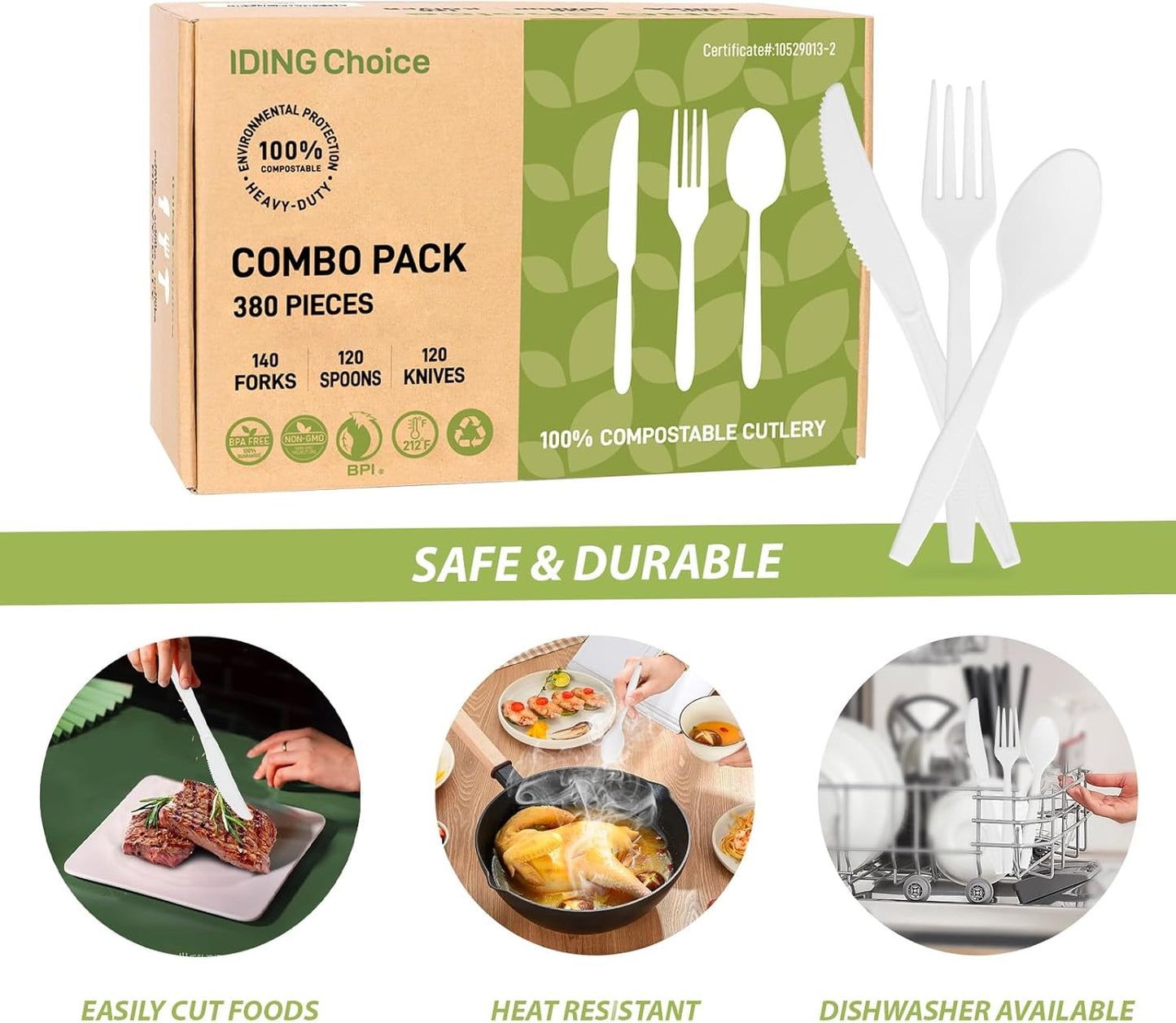 Skiennix Heavy Duty Compostable Cutlery Set - 380 Eco-Friendly Utensils for Weddings, Parties & Camping