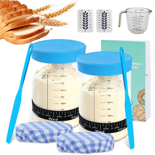 Bakedon 34oz Sourdough Starter Jar Kit,Wide Mouth Sourdough Starter Container with Feeding Tracking Band, Silicone Spatula&Sourdough Starter Kit-Baking Supplies(2 pack). (Blue)