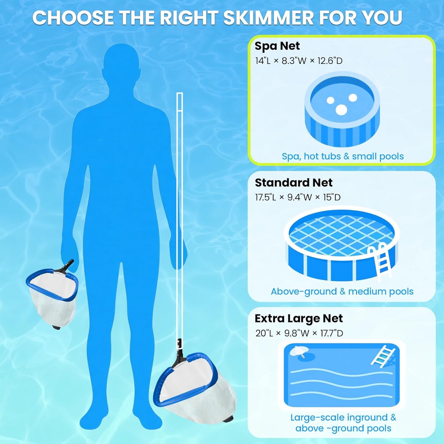 Poolvio 14" Heavy Duty Pool Skimmer Net - Aluminum Frame with Ultra-Fine Mesh for Leaves & Debris
