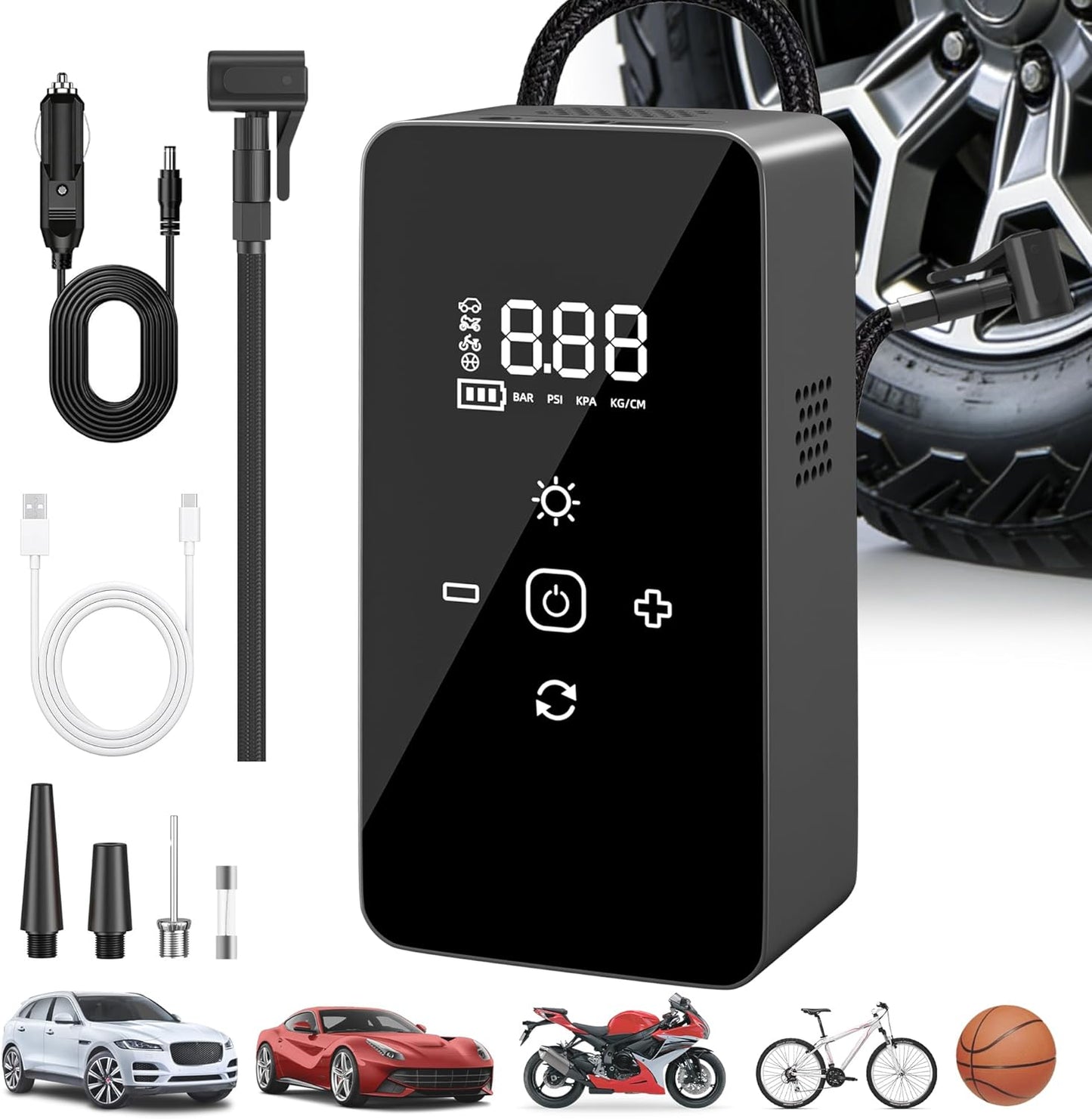 Skiennix Portable Tire Inflator - Digital Pressure Gauge, LED Lights & Auto Shut-Off | 12V DC Car Pump