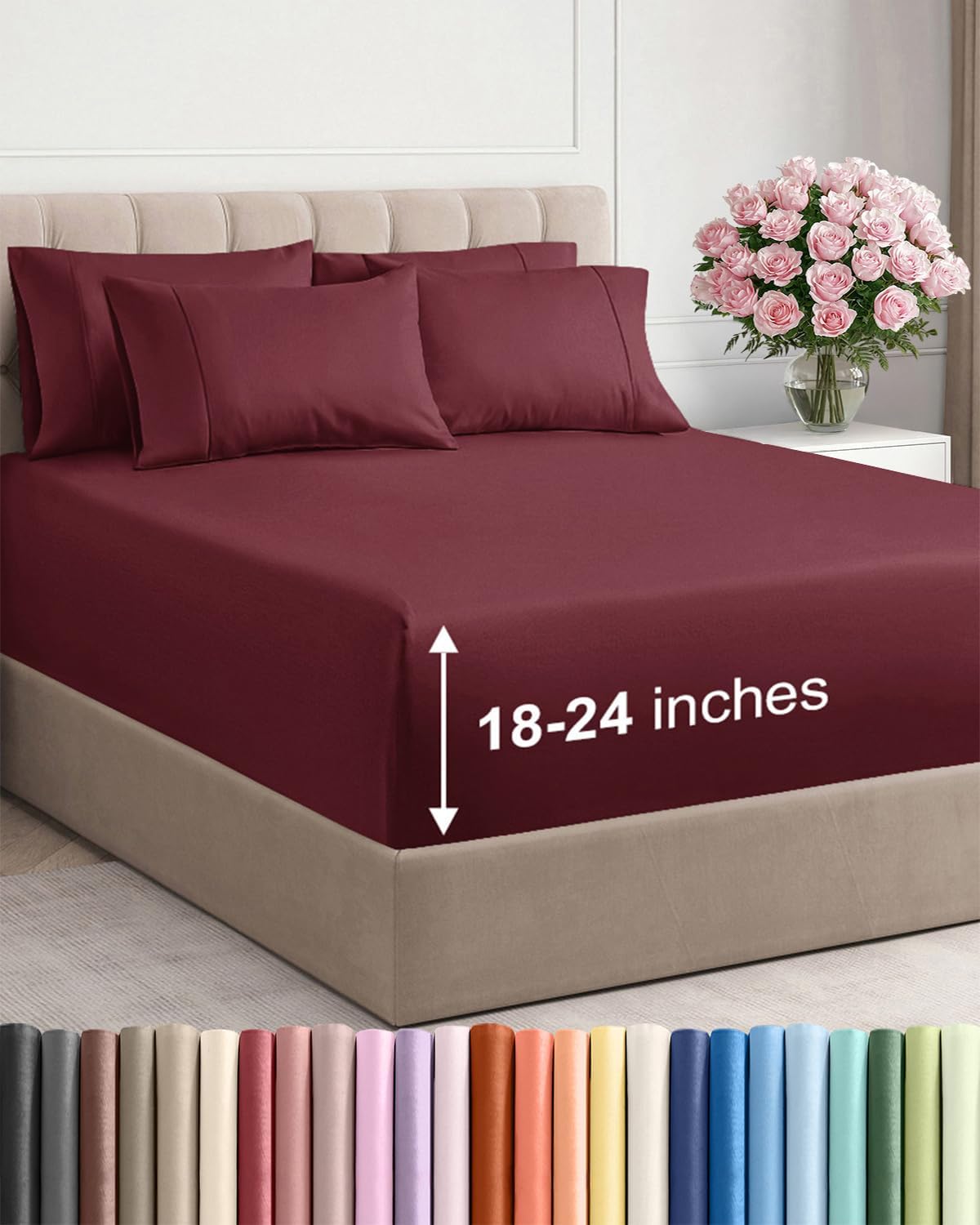 Skiennix Extra Deep Cal King Sheet Set - 6 Piece Breathable Cooling Bedding - Soft Wrinkle-Free Burgundy