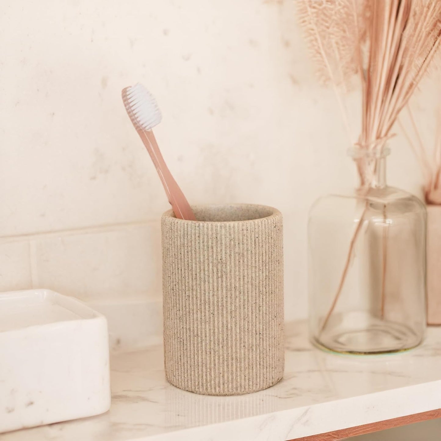 Skiennix Toothbrush Holder - Modern Boho Farmhouse Style, Small Sand Beige, Multi-Purpose Organizer