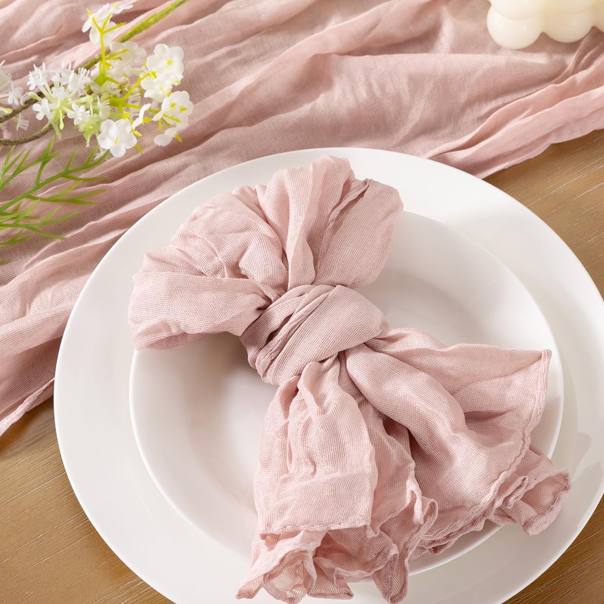 Socomi Pink Cheesecloth Table Runner - Includes 10 Matching Cheesecloth Napkins