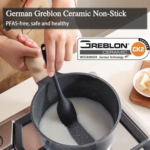 Greblon Nonstick Saucepan - 2 Quart Ceramic Cooking Pot with Lid | Non-Toxic, Induction Compatible