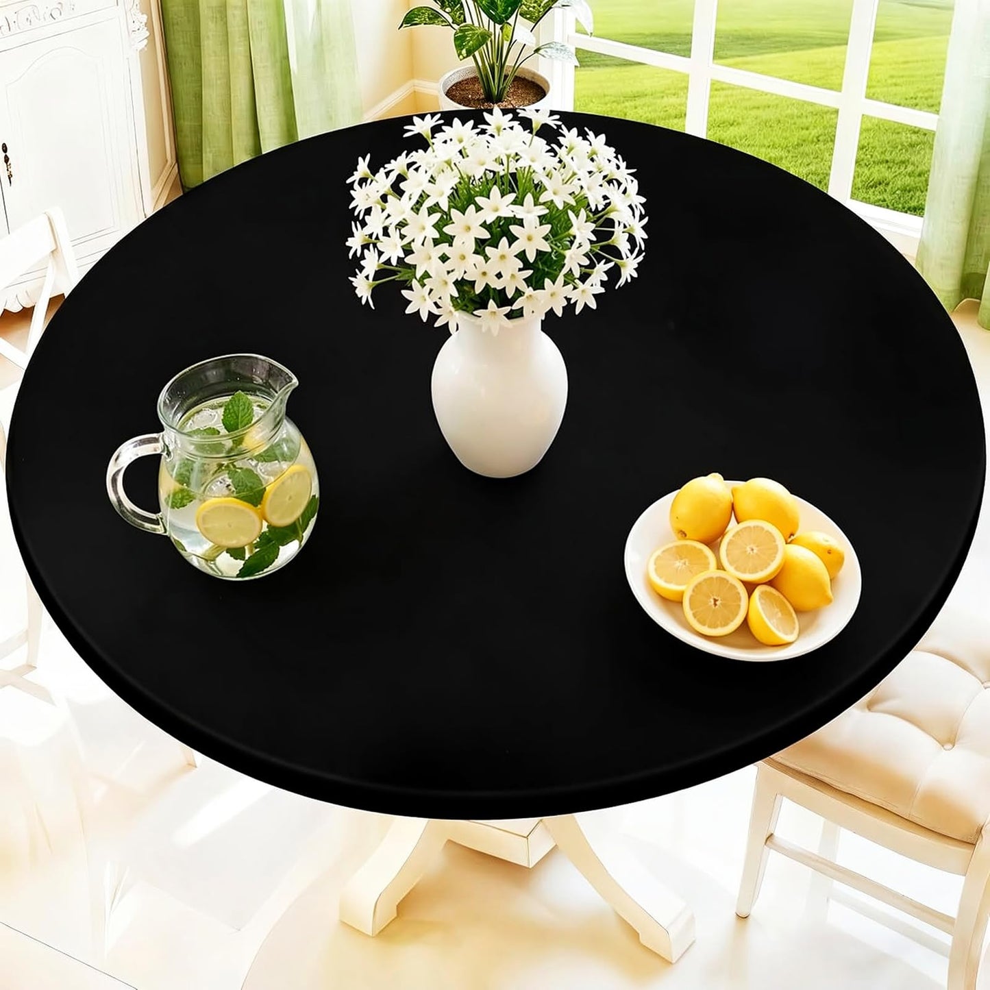 Moosfor Round Spandex Tablecloth, Elastic Fitted Waterproof Tablecloths for 42"-50" Tables, Stretch Washable Picnic Table Cover for Camping, Dining, Indoor and Outdoor, Black