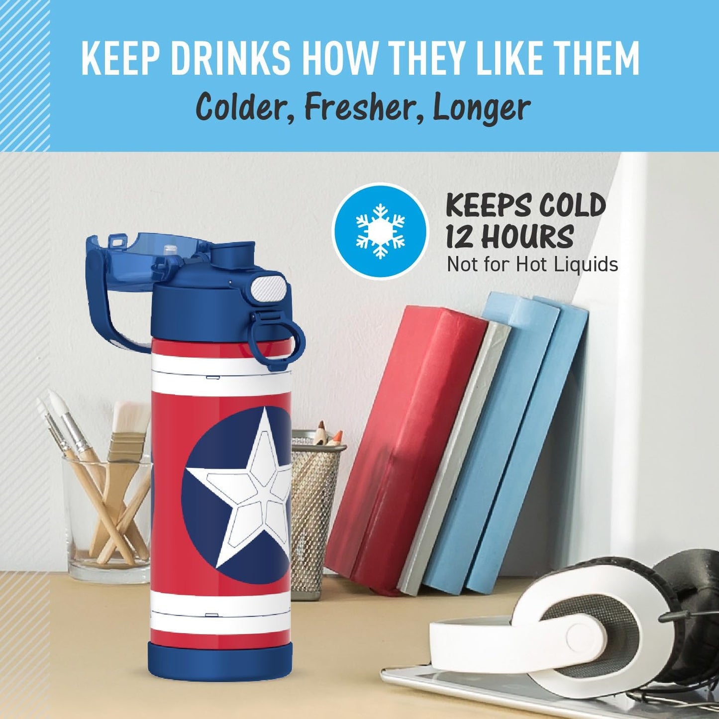 THERMOS FUNTAINER 16 Ounce Stainless Steel Vacuum Insulated Bottle - Wide Spout Lid, Captain America Design