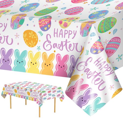2 Pcs Happy Easter Table Cloth - Plastic Bunny Eggs Tablecloth, Disposable Rectangle Spring Floral Table Cover for Easter Home Dining Kitchen Activity Party Decorations Tables Decor, 108 x 54 Inch