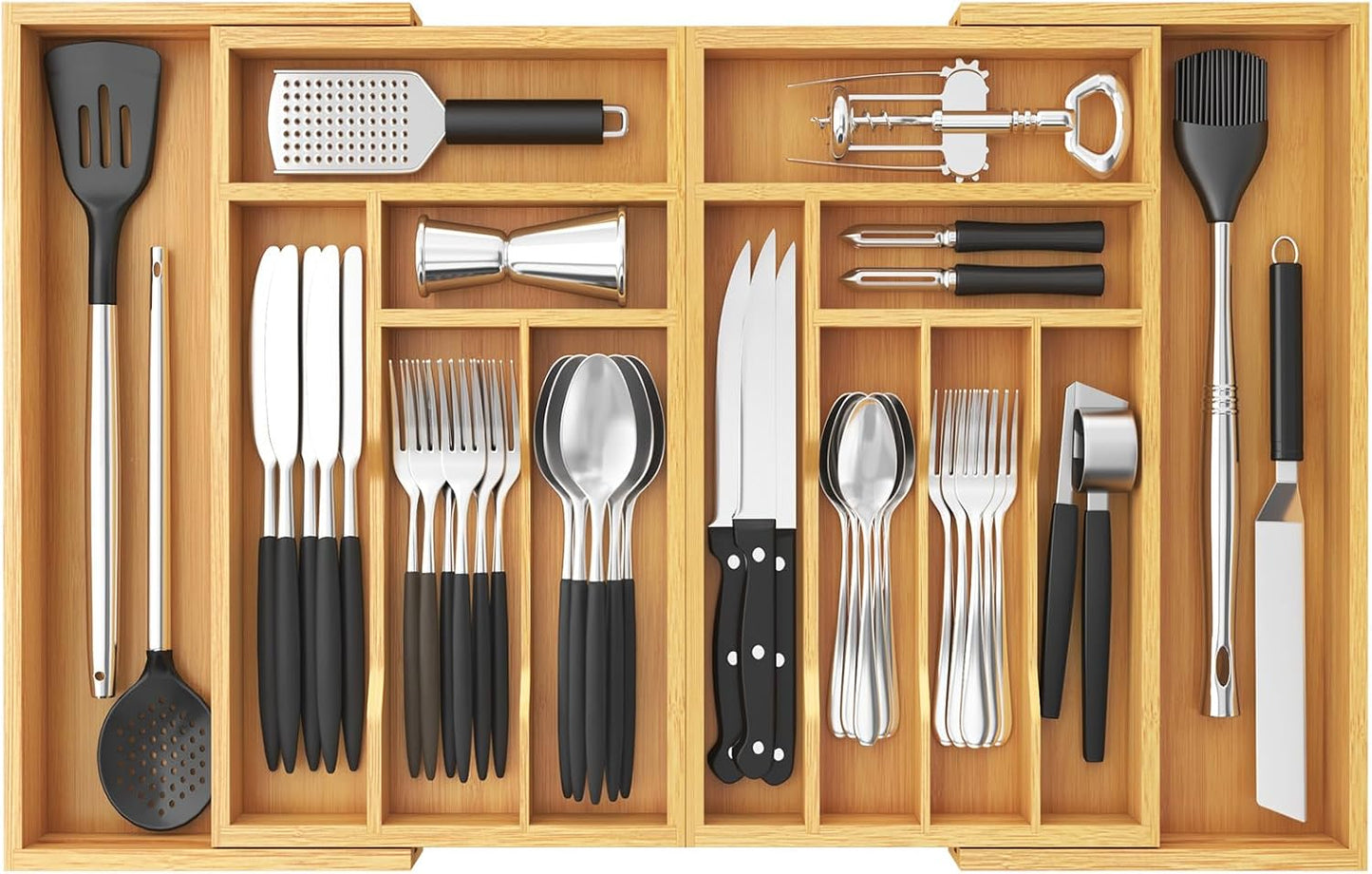 Lifewit Bamboo Silverware Drawer Organizer - Expandable 21.4 to 36 Inches | 13 Compartment Utensil Tray