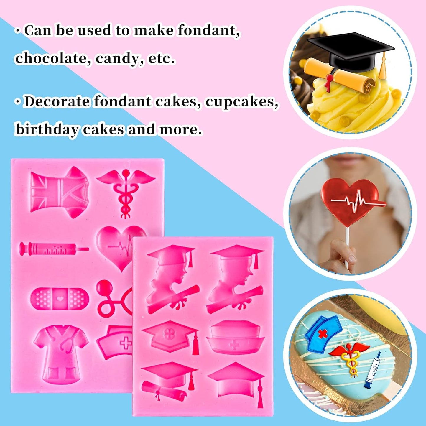 Whaline Silicone Fondant Molds - Nurse Graduation Themed Doctor Hat & Medical Equipment | 2 Pack for Cake Toppers