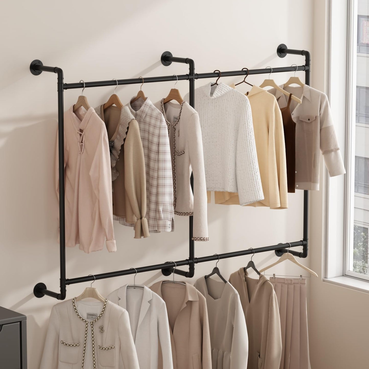 MaiRHK Industrial Pipe Clothing Rack Wall Mounted Clothes Rack Heavy Duty Closet Rod for Retail, Laundry Room, Bedroom (Black)-2 Tier Black