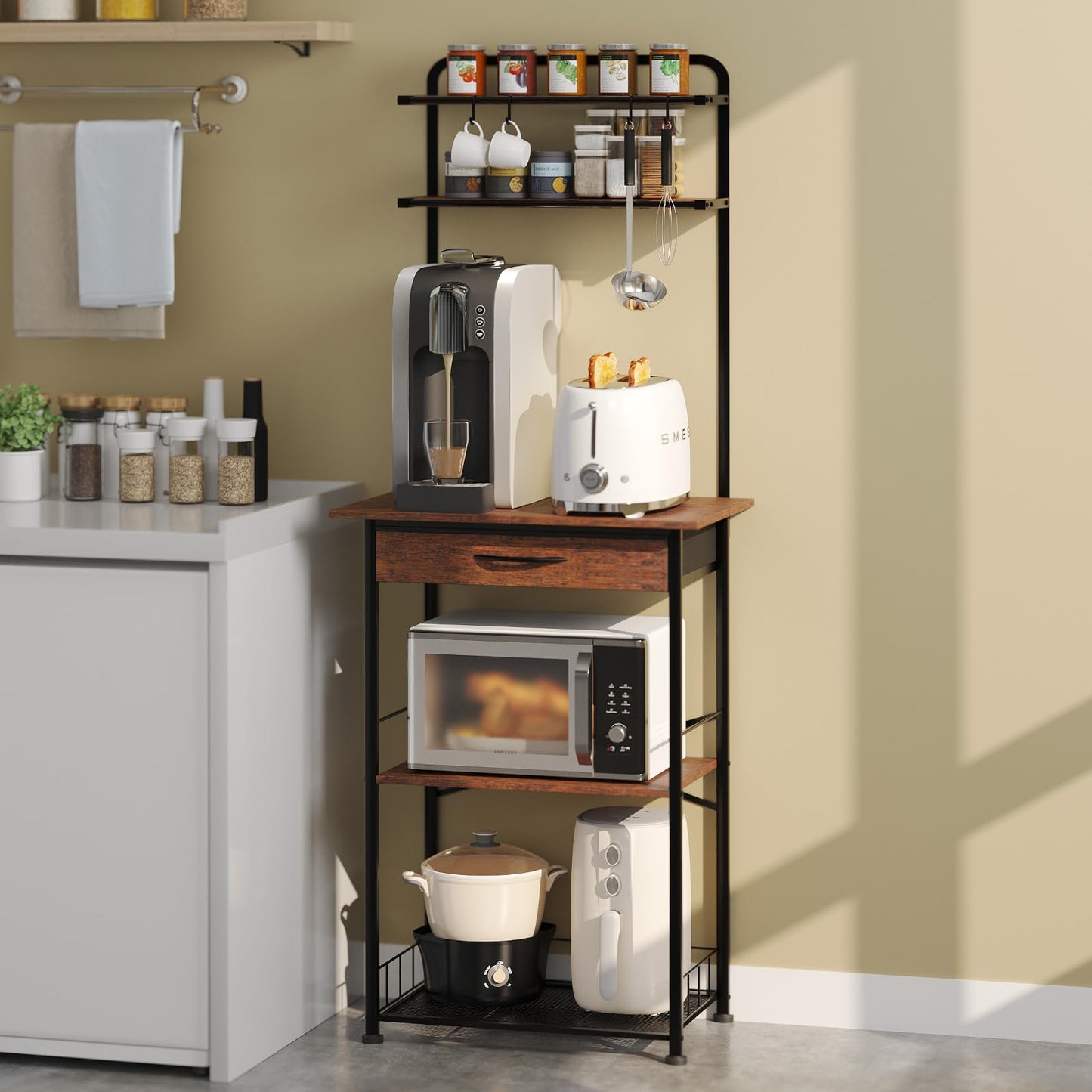Homsorout Coffee Bar Station - Bakers Rack with Fabric Drawer, Microwave Oven Storage Stand, Bakers Rack for Coffee Stand Station, Home Kitchen Organizer, Black