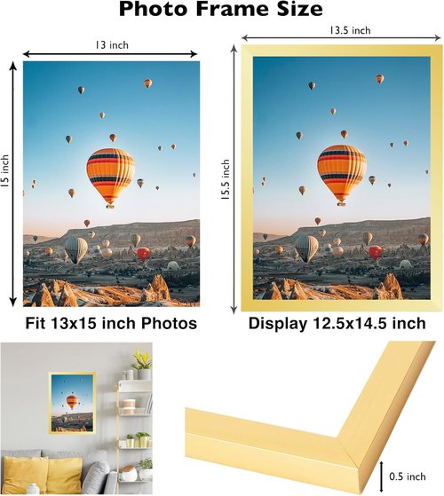 JCJMY 13x15 Gold Picture Frame - Wall Hanging for Horizontal or Vertical Display | Shatter-Resistant Plexiglass