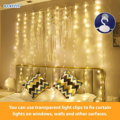 HXWEIYE 300LED Fairy Curtain Lights - 9.8x9.8Ft USB Plug-In with Remote | 8 Modes for Wedding & Home Decor, Warm White