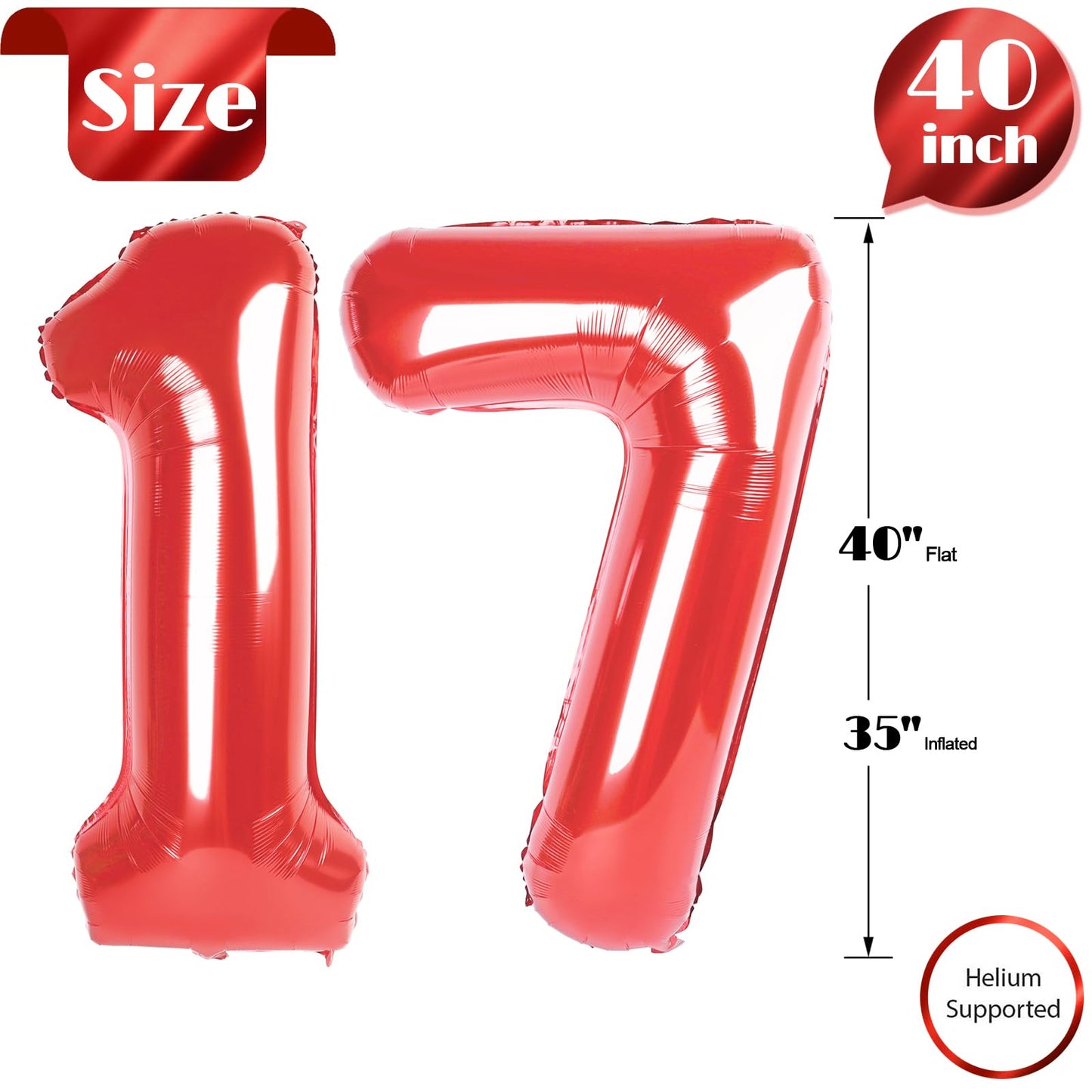 Red Number 17 Balloon 40 inch, 17 Number Balloons, 17th Red Birthday Decorations, 17 Year Old Girls Boys Party Supplies