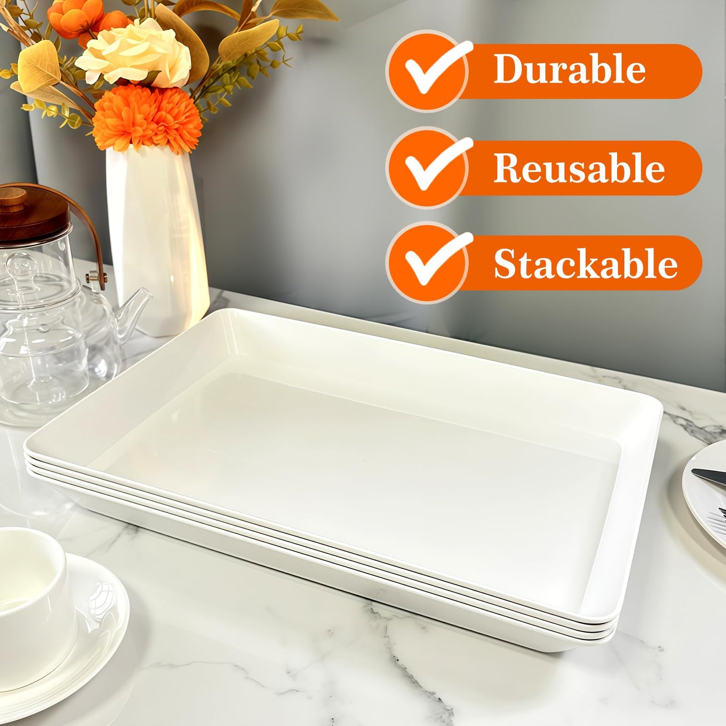 AMGBZT Serving Tray Platter, 4 Pack Food Tray for Veggie Fruit Snack Dessert Cookie Cheese, Food Trays for Party Supplies Display, Plastic Platters for Serving Food, Large White Trays, BPA Free