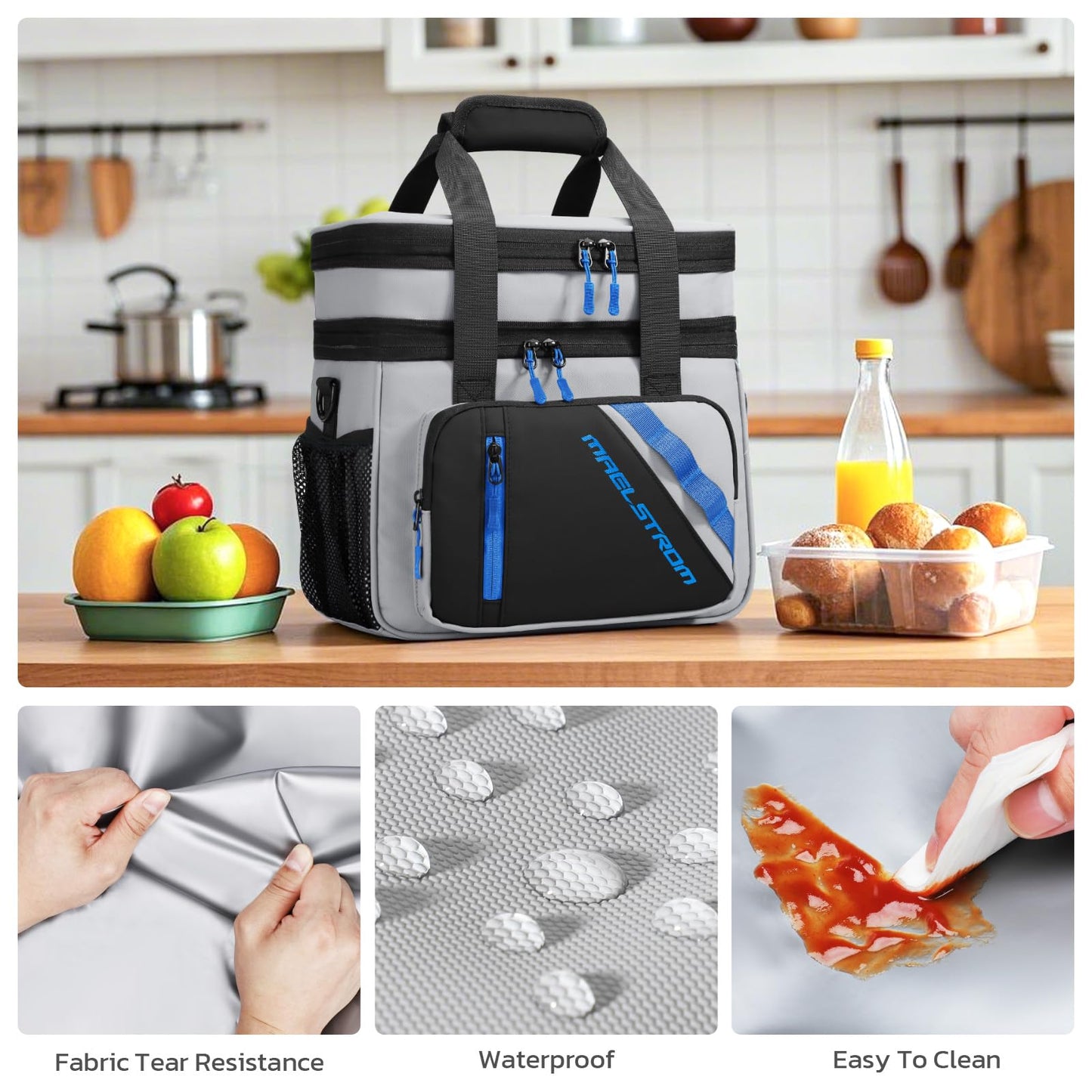 Maelstrom Lunch Box, 20L Insulated Lunch Bag for Men Women, Expandable Double Deck Leakproof Cooler Bag with 6 Pockets, Reusable Lunch Tote Bag for Work, Picnic, Travel, Grey
