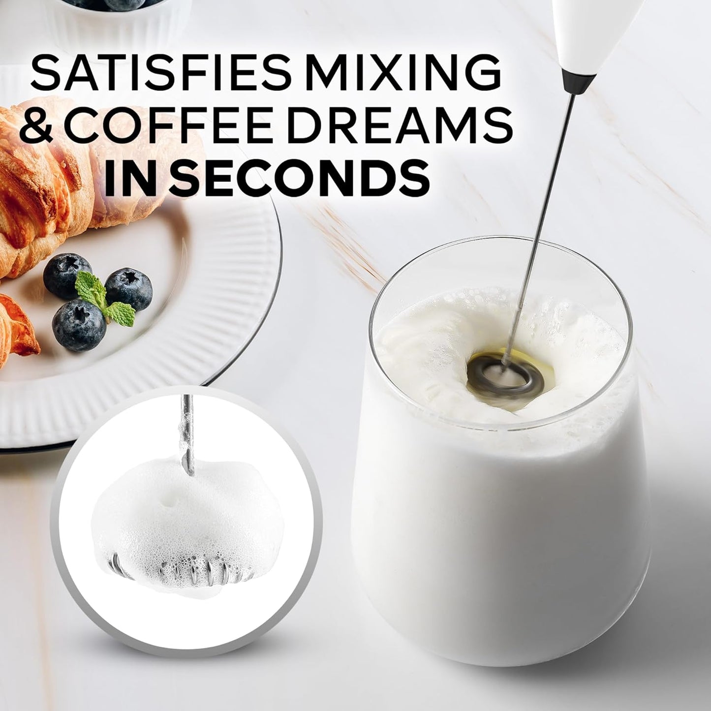 Zulay Kitchen Milk Frother Wand - Ultra-Fast Handheld Electric Whisk for Coffee & Lattes - White & Black