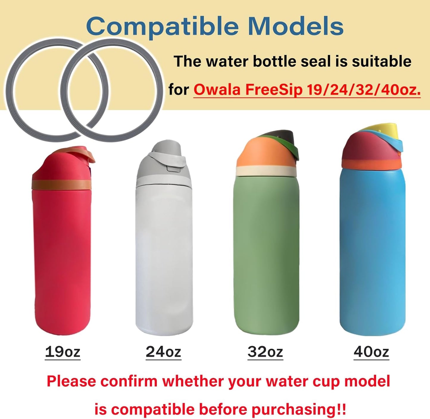 Owala | 6-Pack Water Bottle Gasket Replacement | Silicone Lid Seal O-Rings for 19/24/32/40oz Cups - Gray