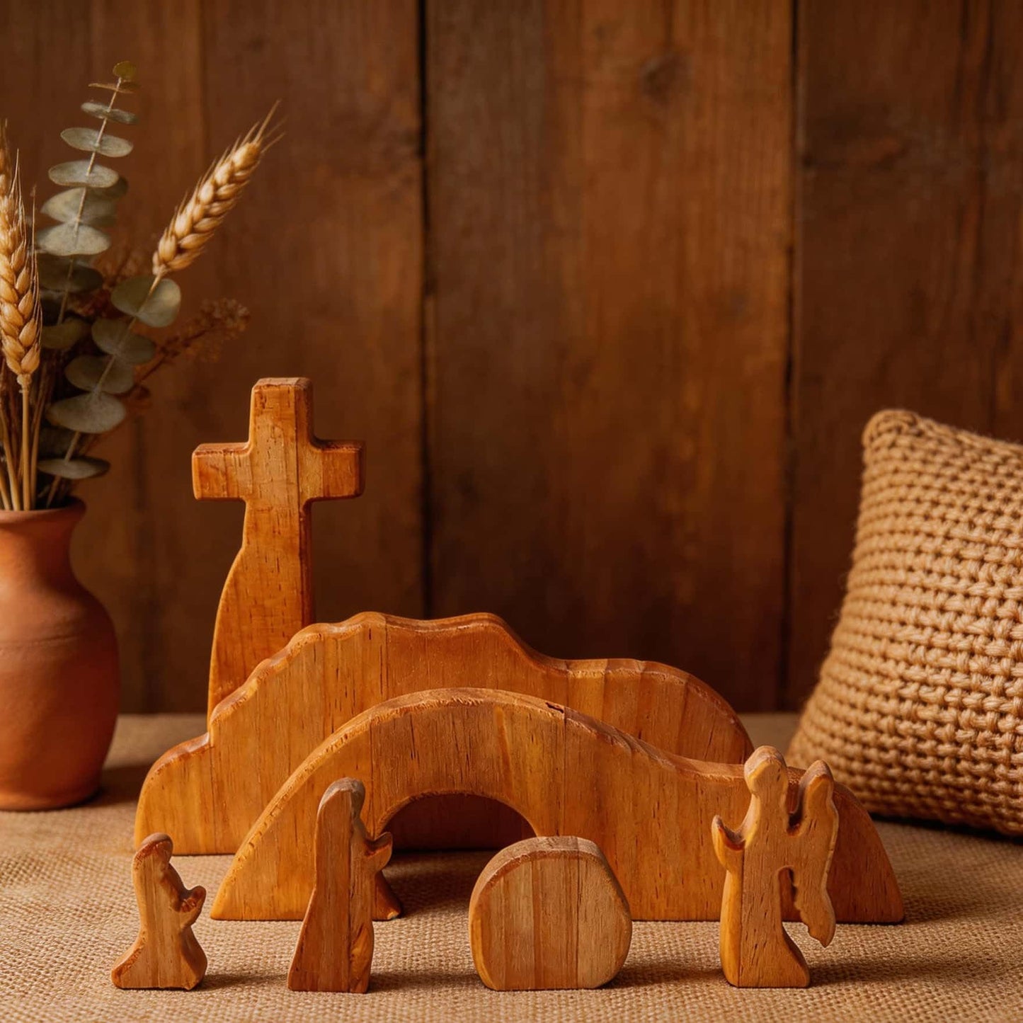 YOSINXU Empty Tomb Easter Scene and Christian Cross Decoration, Wooden Easter Resurrection Scene Cross Jesus Tomb Tray Set, Easter Decor for Religious Home Office Tabletop Christian Gifts
