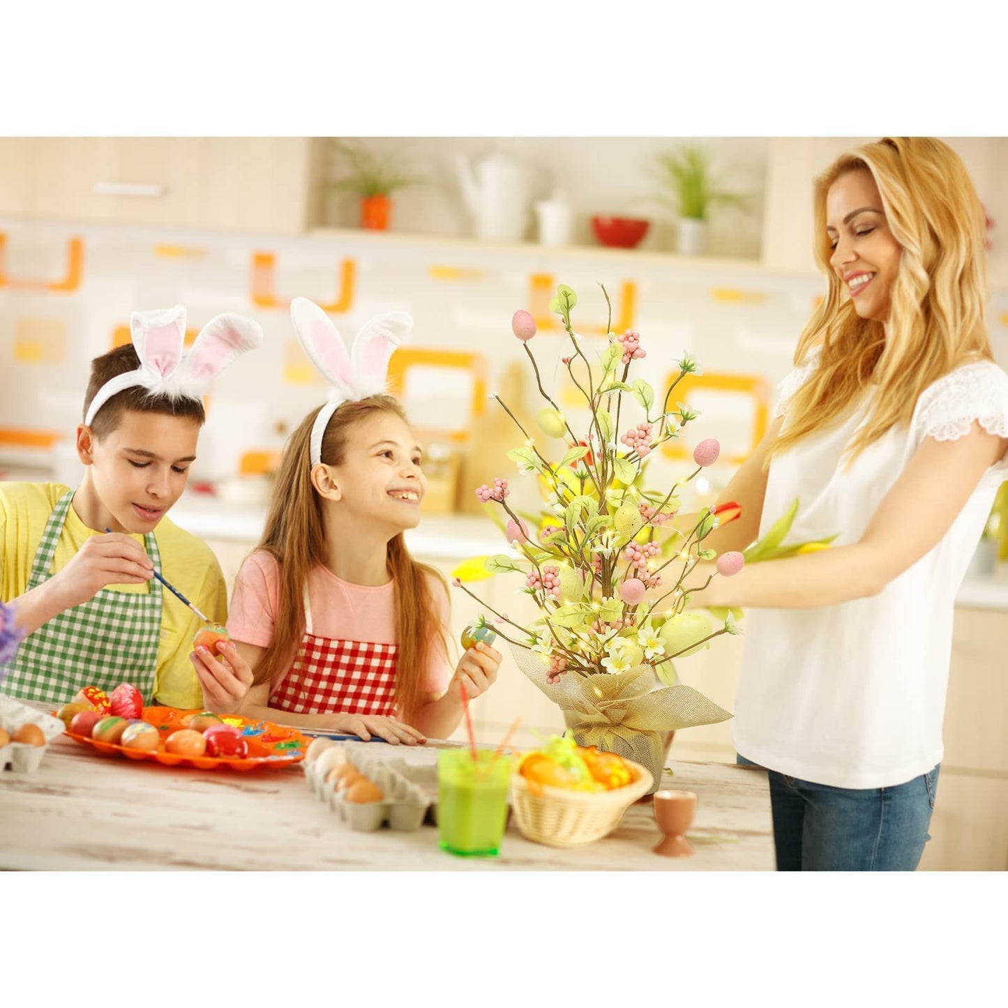 RoseCraft Easter Decorations, 18 Inch Pre-Lit Easter Egg Tree Tabletop Decor with Delicate Ornaments, for Home Party Wedding Holiday Spring Summer Decoration, Yellow/Pink.