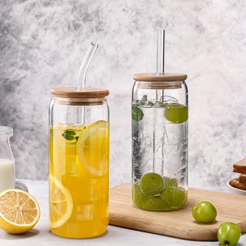 DWTS DANWEITESI Glass Cups “20oz”,Glass Cups with Lids and Straws 4 pcs-Coffee Cups,Drinking Glasses Set,Glass Tumbler with Straw and Lid Gift 2 Cleaning Brushes