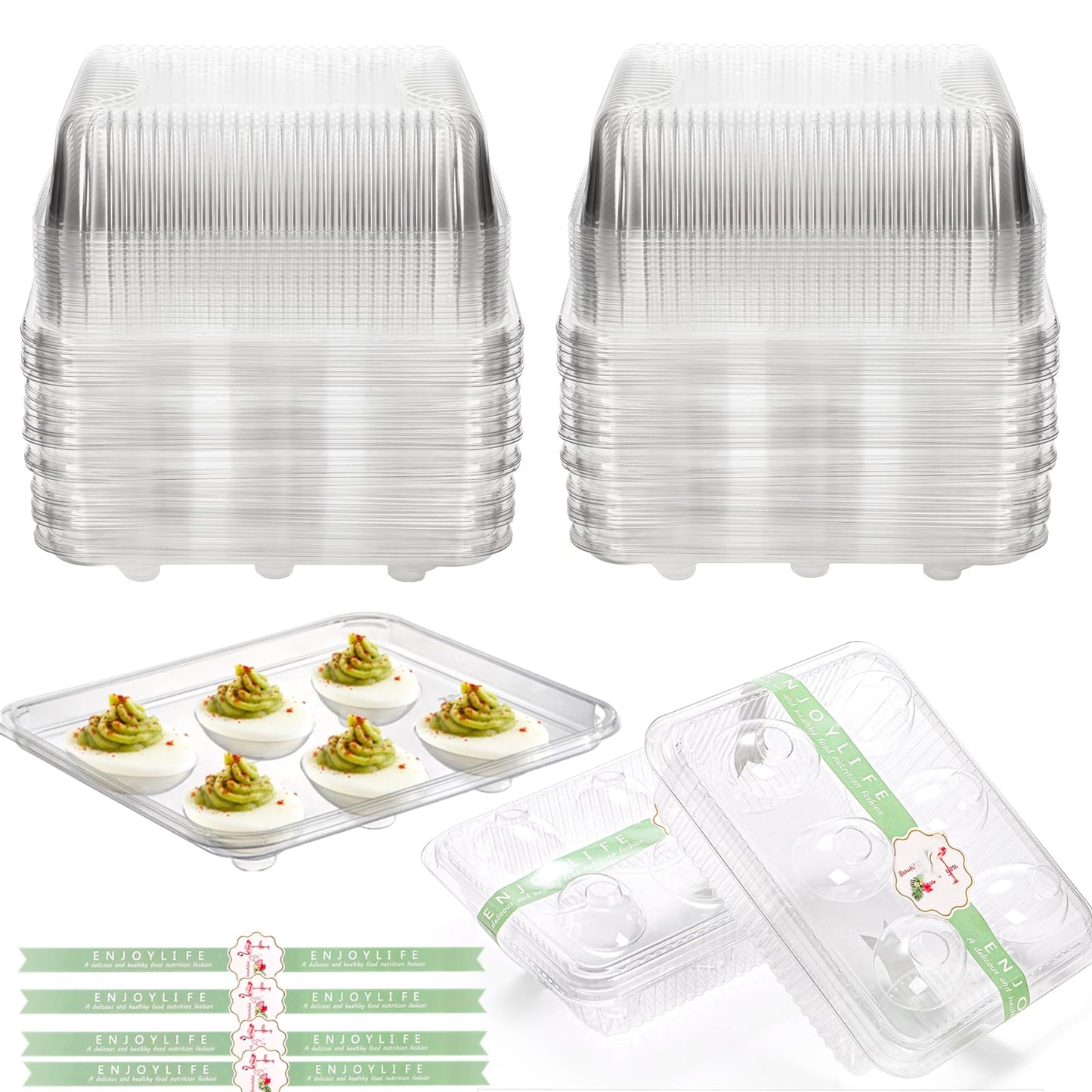 Yopay 50 Pack Deviled Egg Trays with lid, Plastic Clear 6 Slots Deviled Eggs Halves Carrier Deviled Container Dish Plate Holder for Party, Classic Cuisine Trays