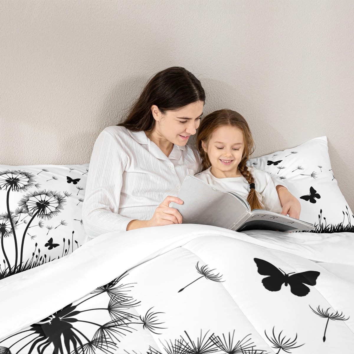 Homewish Dandelion Comforter Set Queen Size,Rustic Natural Bedding Set 3pcs for Kids Teens Girls Boys Room Decor,Butterfly Floral Animal Quilt Set Black and White Duvet Insert with 2 Pillowcases