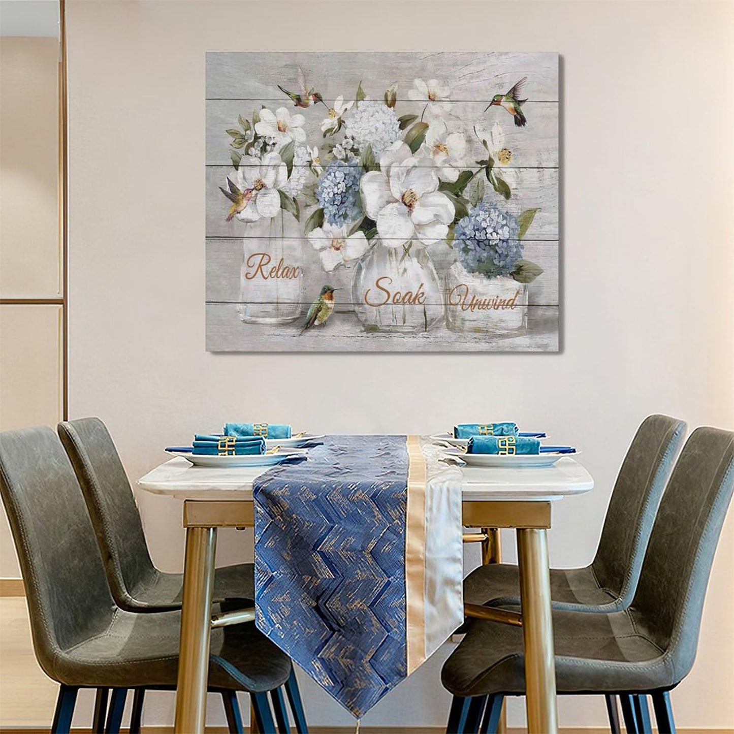 Farmhouse Flower Bathroom Decor Wall Art Rustic Hummingbird White Floral Pictures Wall Decor Relax Soak Unwind Bathroom Sign Canvas Painting Prints Artwork Home Decorations Framed for Bedroom 24"x20"