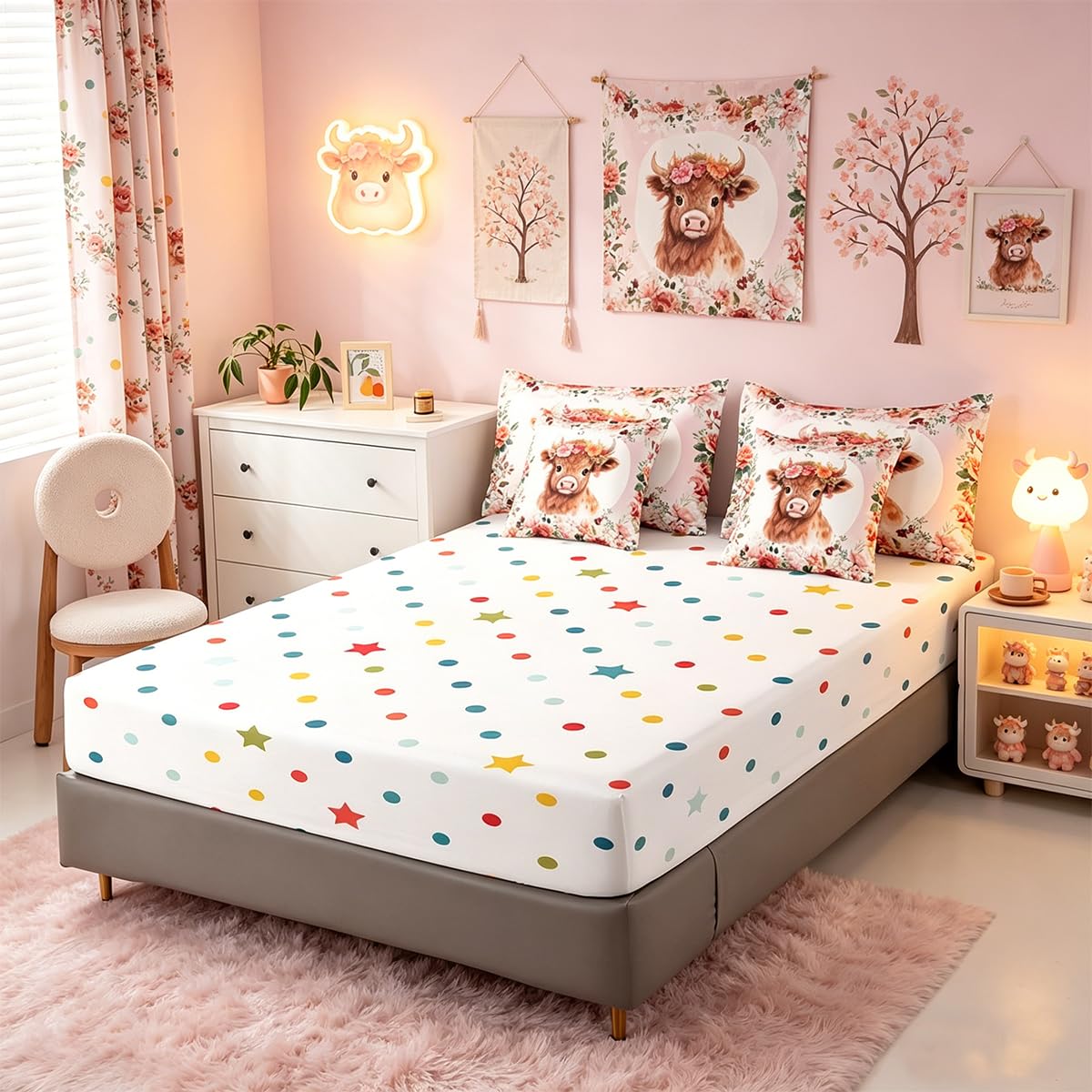Feelyou Cute Highland Cow Bedding Set Twin Size 7 Pieces Cartoon Animal Comforter Set Flower Floral Print Farm Zoo Garden Theme Bed in a Bag with Comforter, Sheets, Pillowcases & Cushion Cover