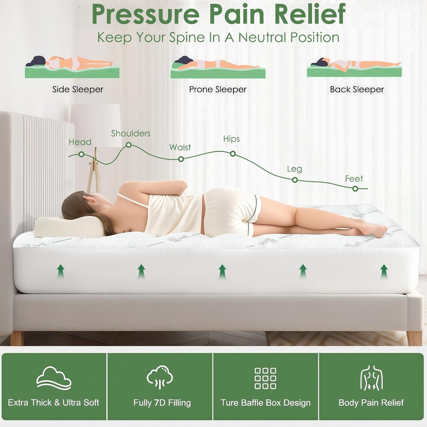 Skiennix Queen Mattress Topper - Cooling Bamboo Viscose Pillow Top Pad for Deep Pocket Mattresses, Green