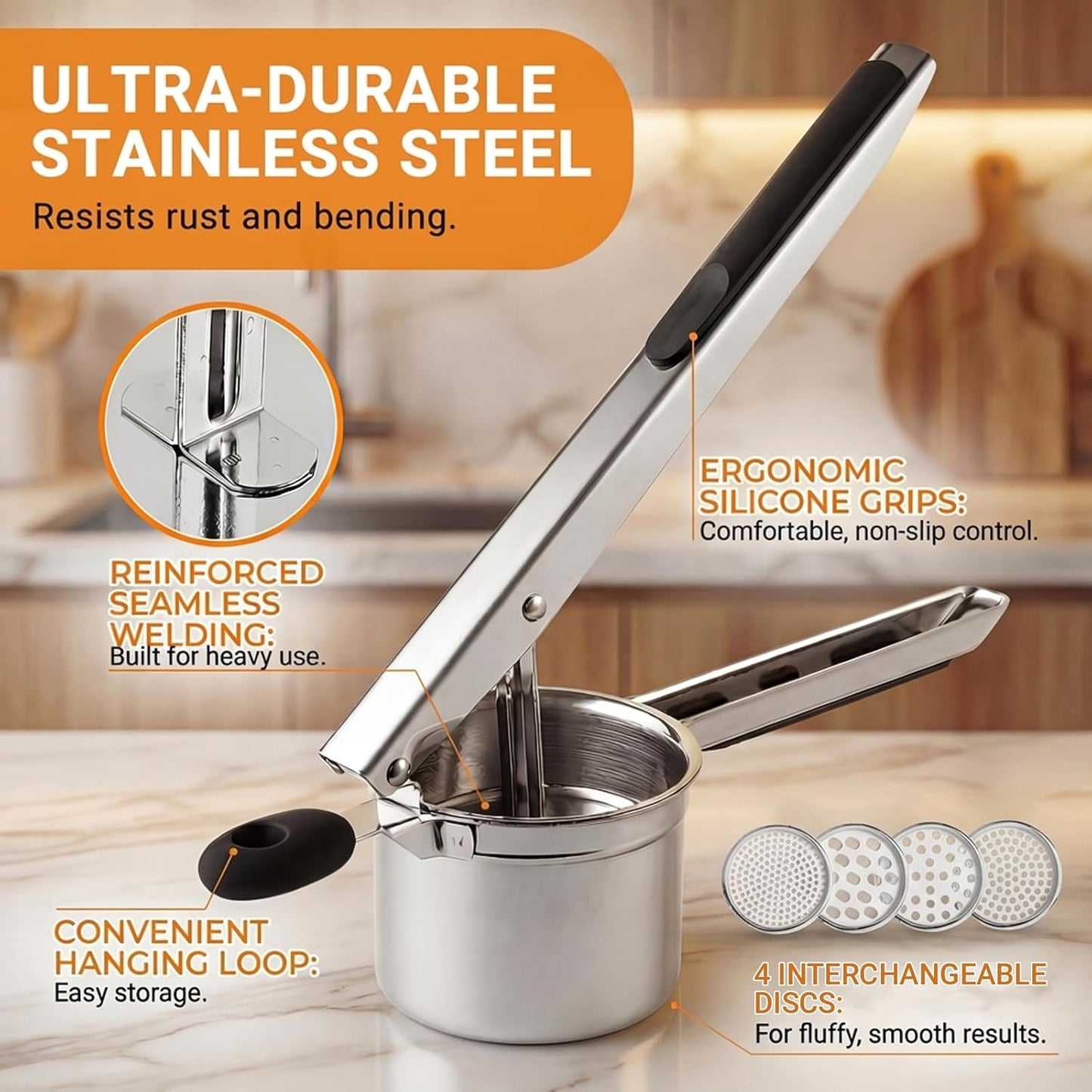 Skiennix 15oz Potato Ricer - Heavy Duty Stainless Steel with 4 Interchangeable Discs & Ergonomic Handle