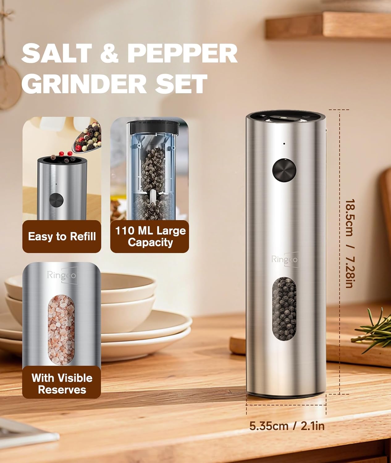 Ringco Electric Salt and Pepper Grinder Set - Rechargeable Mill with Adjustable Coarseness & LED Light | 110ml Capacity for Kitchen & Outdoor Use