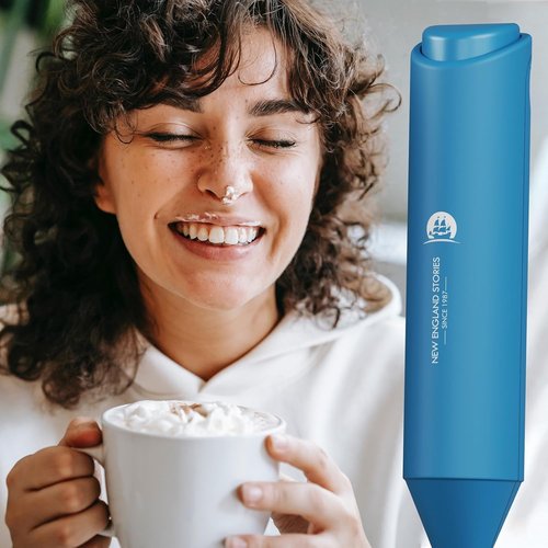 England Stories Electric Milk Frother - Handheld Battery Operated Whisk for Coffee, Cappuccino & Latte - Metal Blue