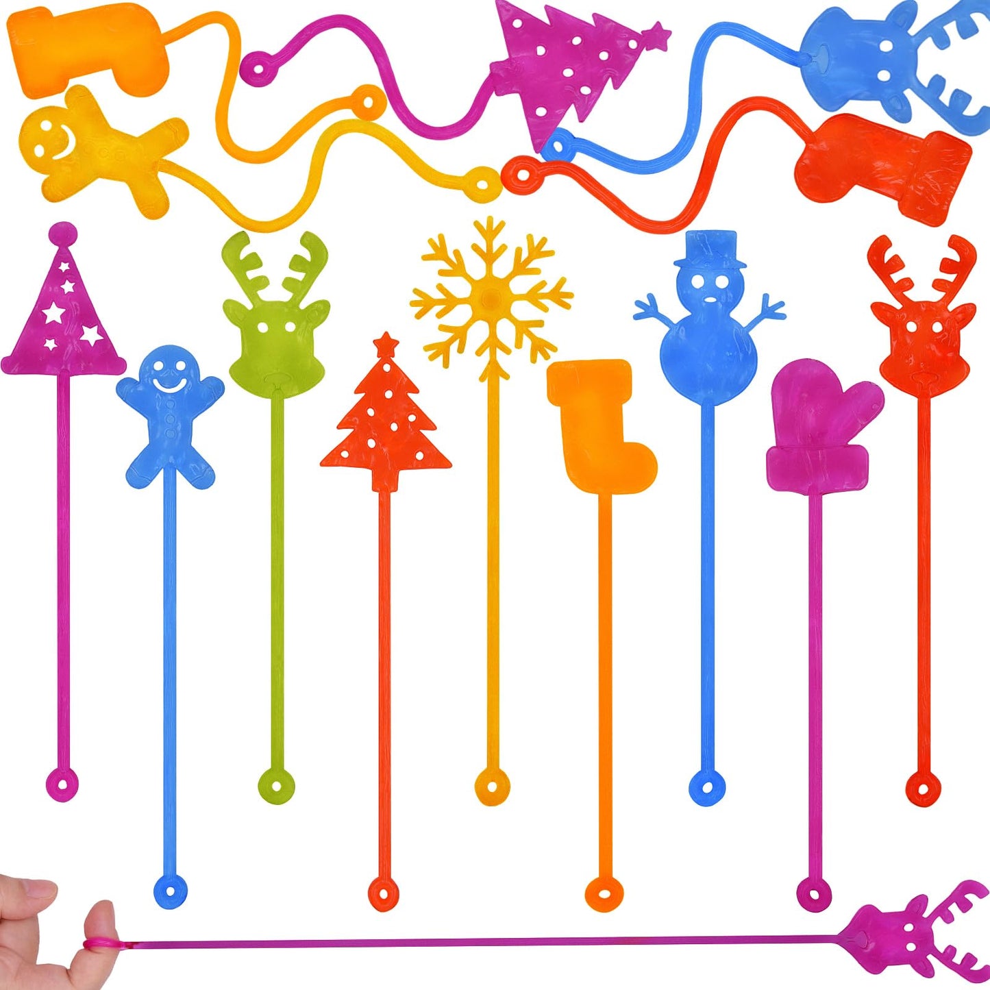 Menzcci 24 Pack Christmas Sticky Hand Toys, 8 Styles Christmas Stocking Tree Hat Glove Deer Snowman Sticky Stretchy Toys for Kids Boys Girls Christmas Stocking Stuffers Party Favors Gifts