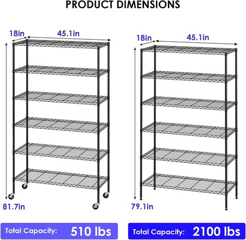 FDW 6-Tier Wire Storage Shelves - Adjustable Heavy-Duty Metal Racks | 45"x18"x82" | Black | Tool-Free Assembly, Rust-Resistant, Holds Up to 2100 lbs | Ideal for Home & Garage