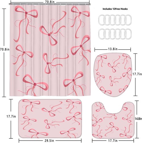 AZHM Pink Bow Shower Curtain Set - Cute Aesthetic Bathroom Decor with 12 Hooks & Accessories