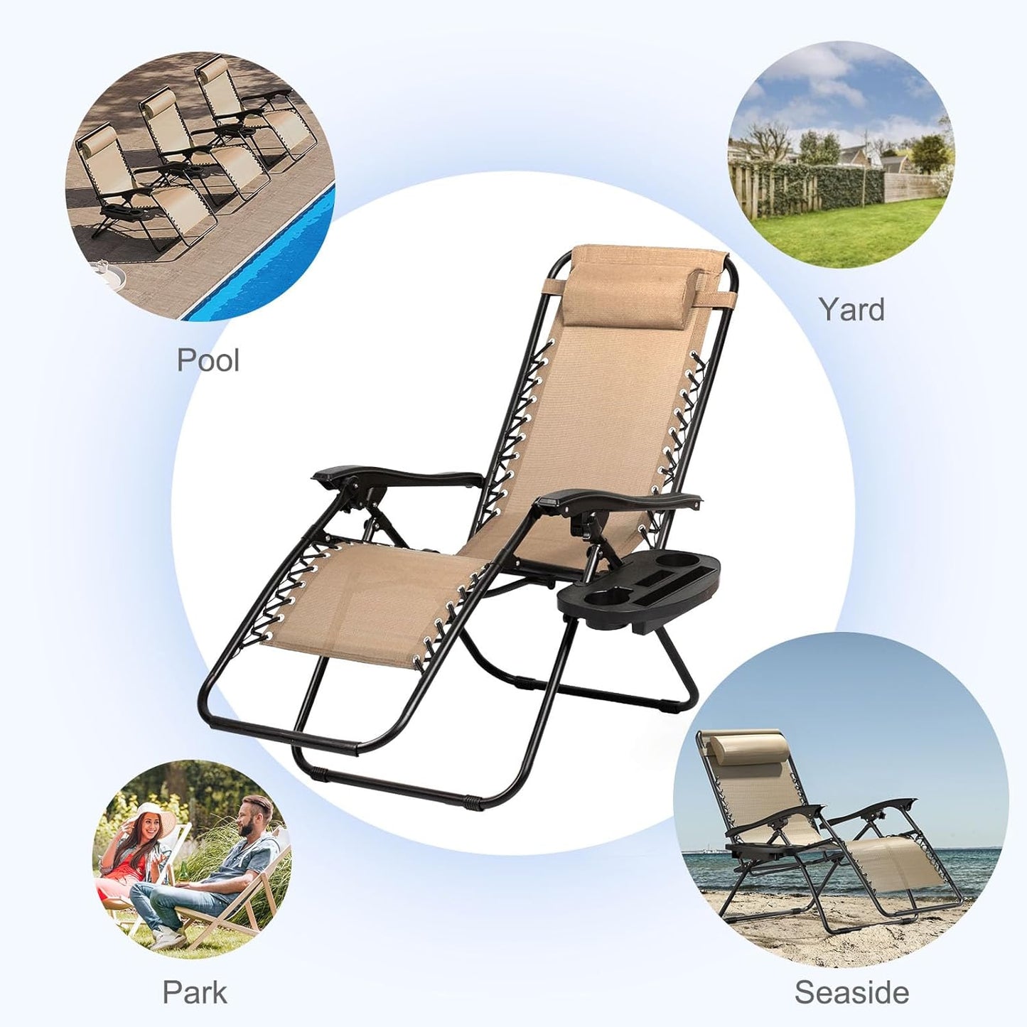Nazhura Adjustable Zero Gravity Lounge Chairs - Set of 2 Relaxing Patio Recliners with Pillow & Cup Holder | Khaki