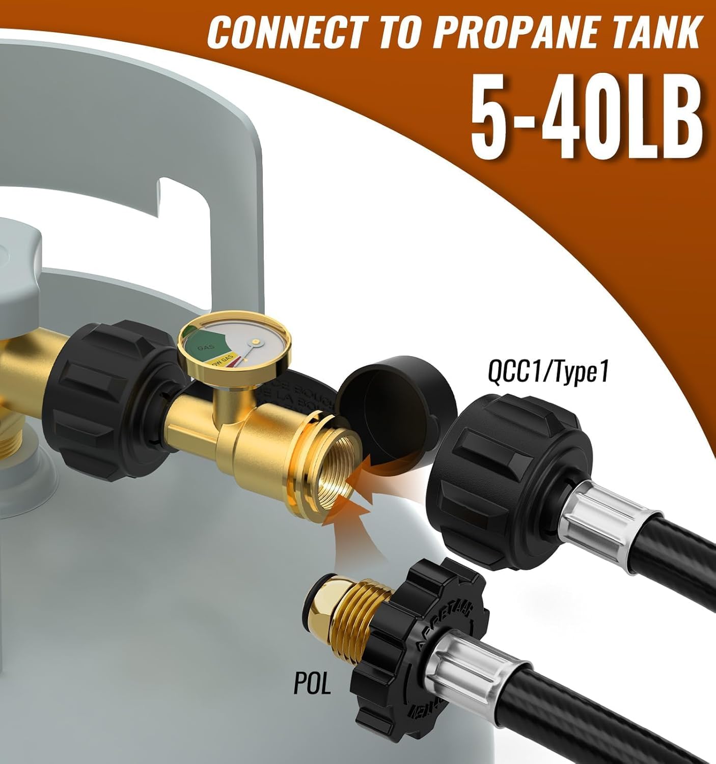 NUPICK Propane Tank Gauge - Level Indicator with QCC1 Connector for 5-40lb Tanks | Leak Detector for BBQ Grills