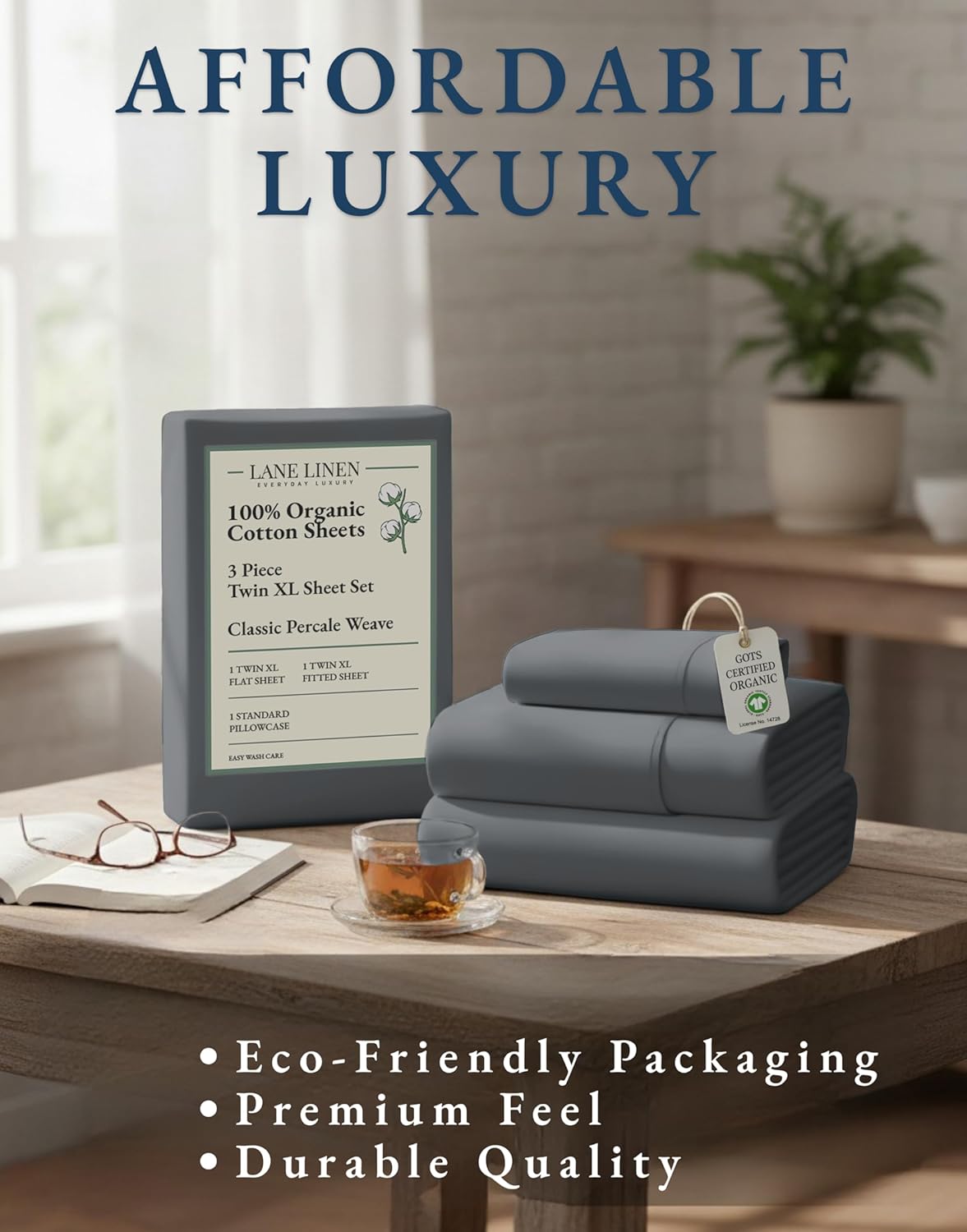 LANE LINEN Twin XL Sheets Set - 100% Organic Cotton, Crisp Percale, Fade Resistant, Charcoal