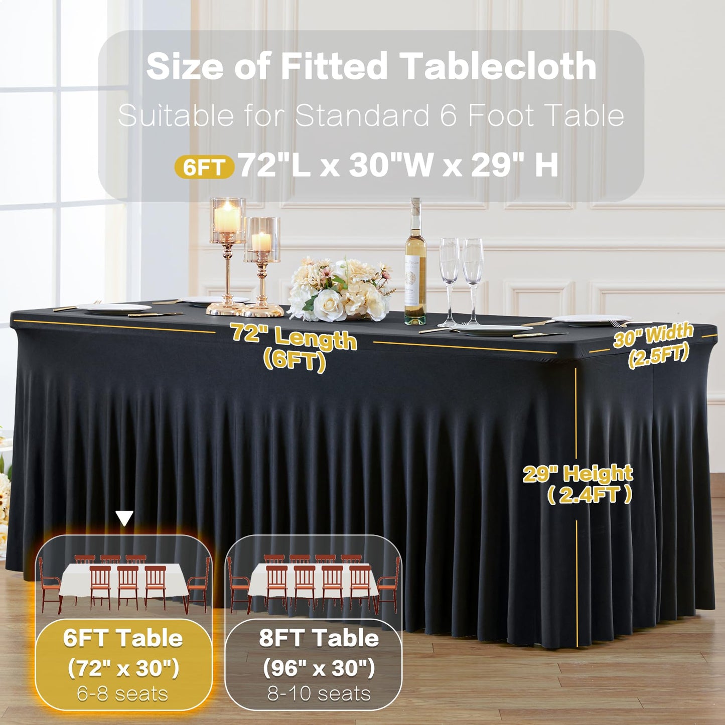 gogoparti 2 Pack Spandex Black Fitted Table Cloth for 6ft Rectangle Tables Black Stretch Tablecloth Table Covers Skirt Banquet Wrinkle Free Tablecloths for Parties Wedding