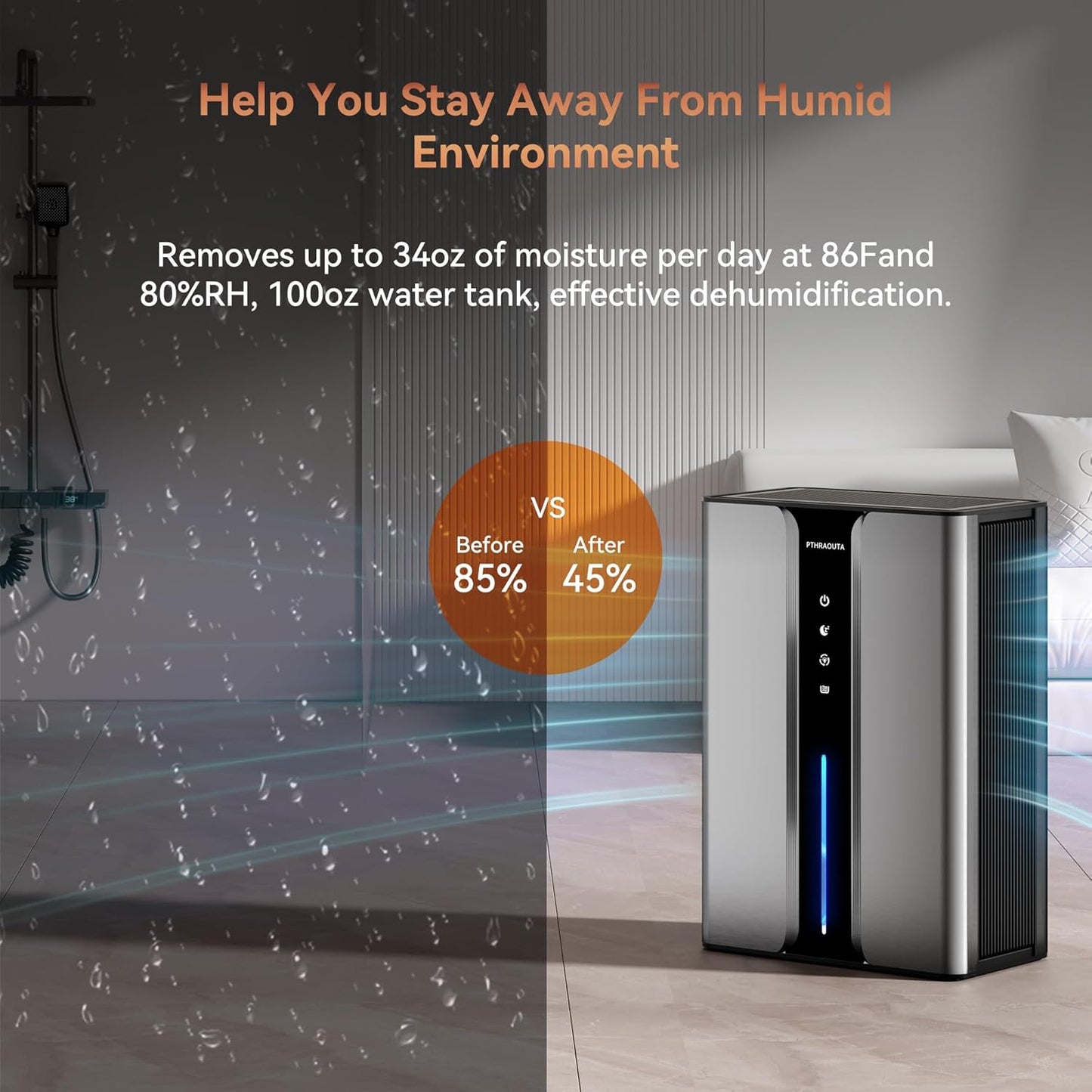PTHRAOUTA Home Dehumidifier - 95oz Quiet Indoor Unit for Bathrooms & Bedrooms | 950 sq.ft Coverage