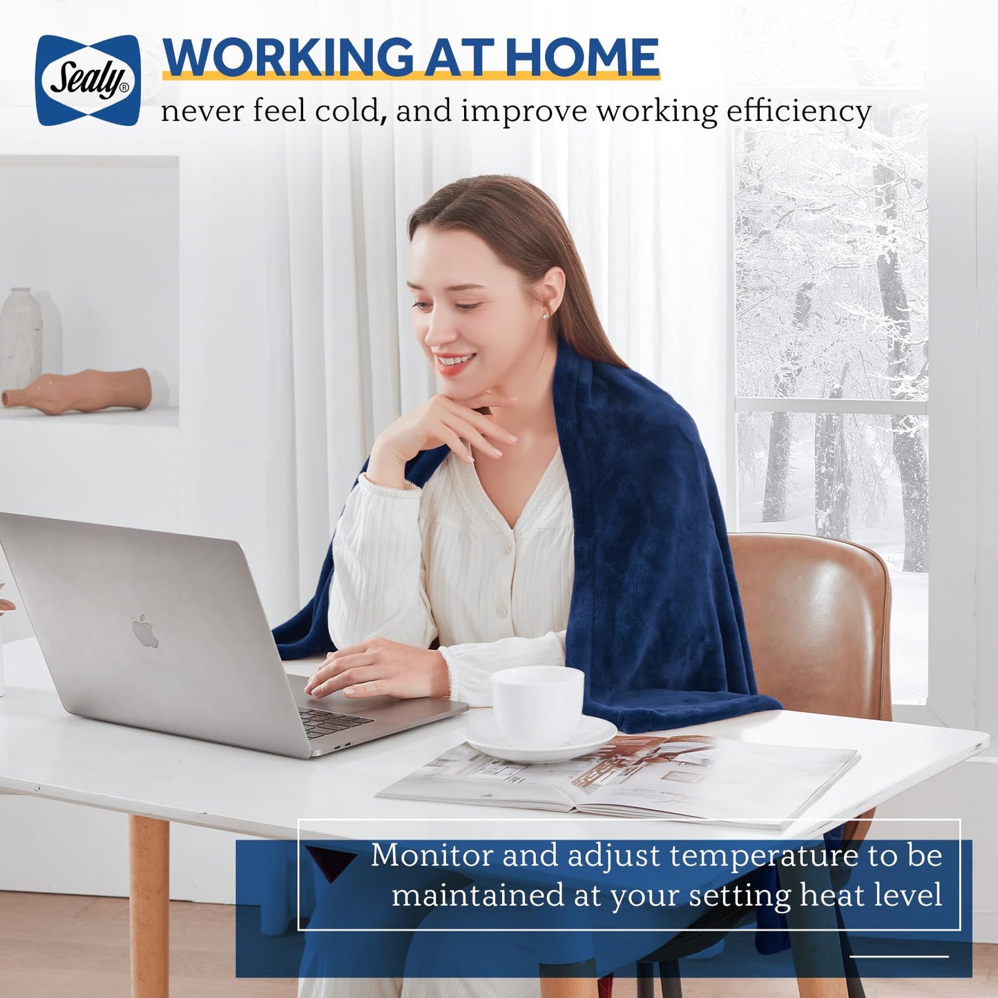 Sealy Electric Blanket Throw, Soft Flannel Heated Blanket with 6 Heat Settings & 2-10 Hours Auto Shut Off, Fast Heating & Machine Washable, 50x60 Inch, Navy